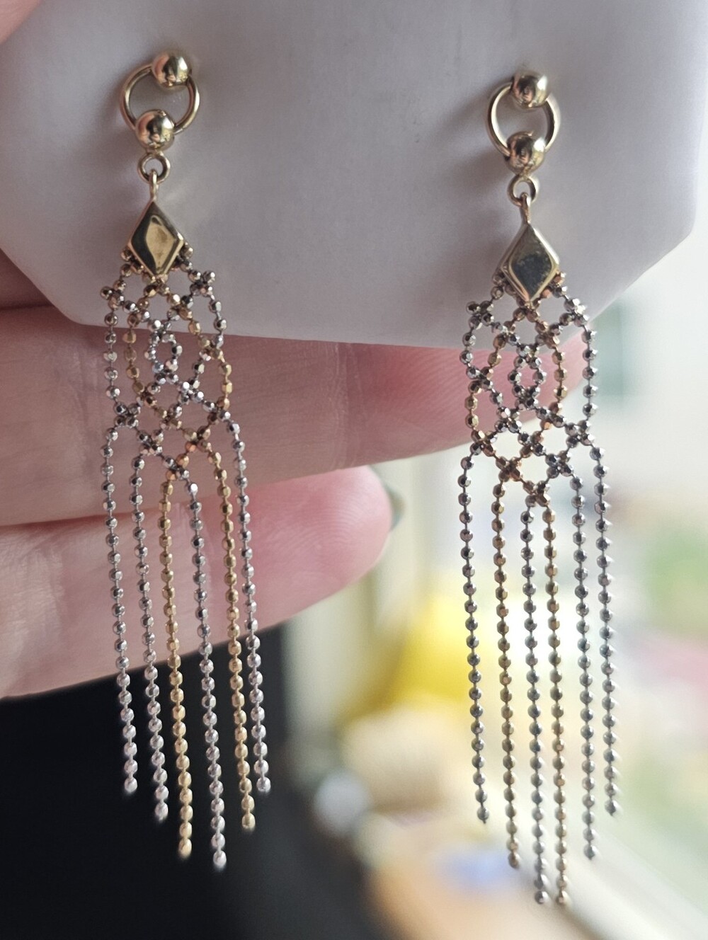 Solid 10k gold bicolor dangle earrings. Stamped 10k on posts and backs. White go
